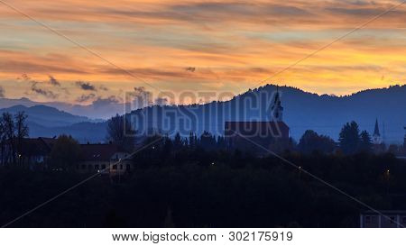 View Of Church Of St. Martina On Hill On Sunset In Kranj. Slovenia