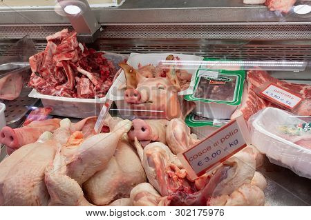 Florence/italy- April 6, 2018: Display With Various Raw Meat At Famous Mercato Centrale Or Mercato S