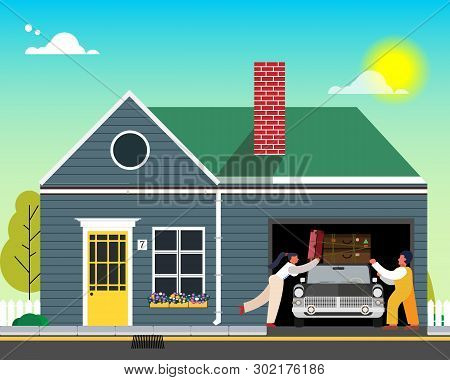 Family Is Going To Rest. Loading Things On The Car Near The House. Vector Illustration