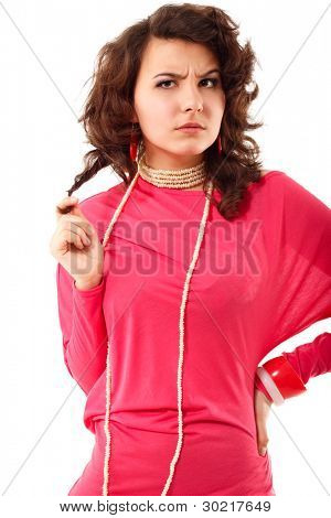 young angry woman guarded look isolated on white