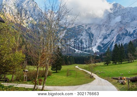 View Of Mount Skuta From Valley Zgornje Jezersko In Autumn. Northern Slovenia