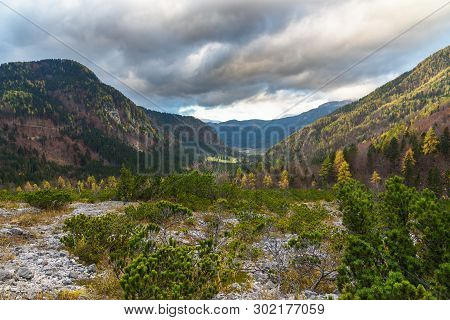 View Of Valley Zgornje Jezersko In Autumn. Northern Slovenia