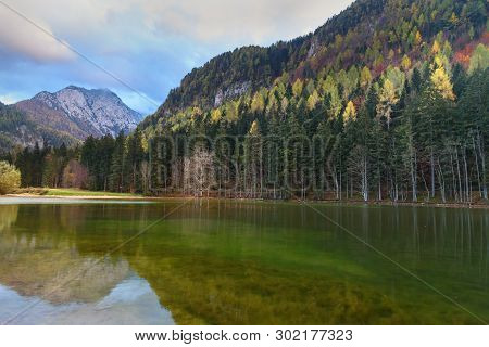 View Of Mount Skuta. Plansar Lake Or Plansarsko Jezero On Valley Zgornje Jezersko In Autumn. Norther
