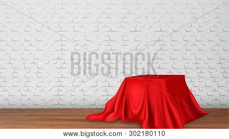 Design Restaurant Or Canteen Of Theater Vector. Canteen Decoration Table Covered With Red Tablecloth