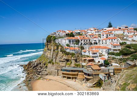 Beautiful Coastal View Of  Praia Azenhas Do Mar Near Sintra, Lisbon. Praia  Azenhas Do Mar Is One Of