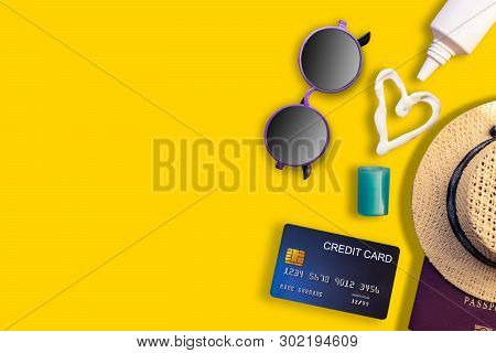 Passport With Hat And Sun Block Cream For Travel Adventure Discovery Image