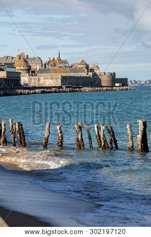 View Of Beach And Old Town Of Saint-malo. Brittany, France