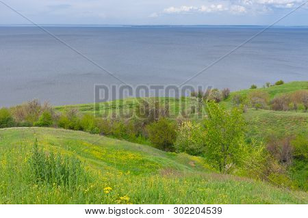 Spring Hilly Landscape Kakhovka Reservoir Riverside Located On The Dnipro River Near Skelki Village,