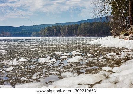 Beautiful Mountain Lake, Blue Sky With Clouds.