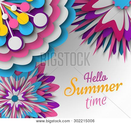 Hello Summer Time Postcard Decorated By Papercut Flower Origami, Colorful Blossom Ornament, 3d View 