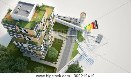 3D rendering of a Sustainable building architecture model with blueprints, energy efficiency chart and other documents