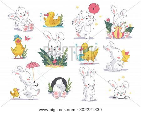 Vector Hand Drawn Illustration Set With Cute White Bunny And Yellow Little Duck Isolated On White Ba