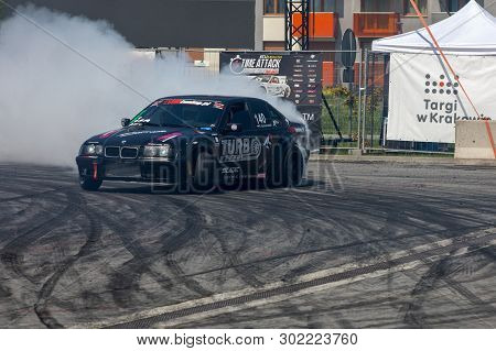 Cracow, Poland - May 18, 2019: Drift Car In Action  At 5th Edition Of Moto Show In Cracow. Poland.