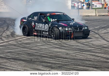 Cracow, Poland - May 18, 2019: Drift Car In Action  At 5th Edition Of Moto Show In Cracow. Poland.