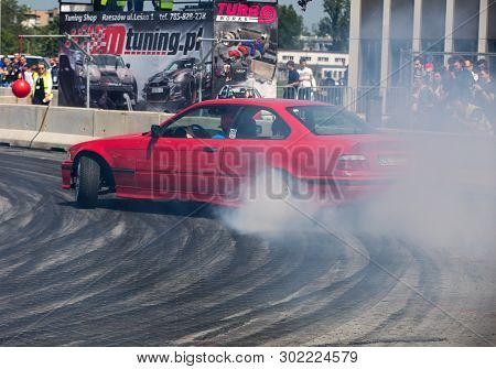 Cracow, Poland - May 18, 2019: Drift Car In Action  At 5th Edition Of Moto Show In Cracow. Poland.