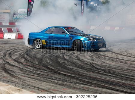 Cracow, Poland - May 18, 2019: Drift Car In Action  At 5th Edition Of Moto Show In Cracow. Poland.