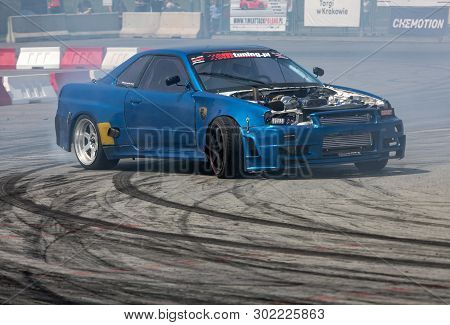 Cracow, Poland - May 18, 2019: Drift Car In Action  At 5th Edition Of Moto Show In Cracow. Poland.