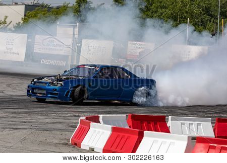 Cracow, Poland - May 18, 2019: Drift Car In Action  At 5th Edition Of Moto Show In Cracow. Poland.