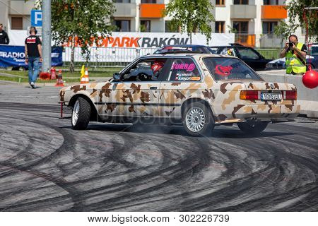 Cracow, Poland - May 18, 2019: Drift Car In Action  At 5th Edition Of Moto Show In Cracow. Poland.