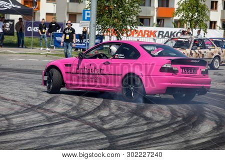 Cracow, Poland - May 18, 2019: Drift Car In Action  At 5th Edition Of Moto Show In Cracow. Poland.