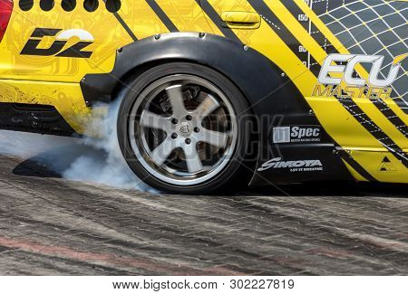 Cracow, Poland - May 18, 2019: Drift Car In Action  At 5th Edition Of Moto Show In Cracow. Poland.