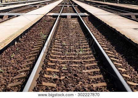 Railway Road. Rails And Cross Ties, Concept, Close-up.
