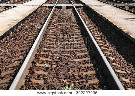 Railway Road. Rails And Cross Ties, Concept, Close-up.