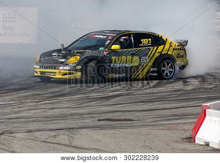 Cracow, Poland - May 18, 2019: Drift Car In Action  At 5th Edition Of Moto Show In Cracow. Poland.