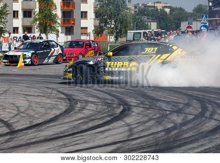 Cracow, Poland - May 18, 2019: Drift Car In Action  At 5th Edition Of Moto Show In Cracow. Poland.