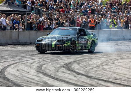 Cracow, Poland - May 18, 2019: Drift Car In Action  At 5th Edition Of Moto Show In Cracow. Poland.