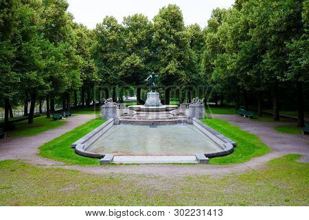 Vater-rhein-brunnen, Decorative Fountain And Pool In A Public Park, Munich, Germany