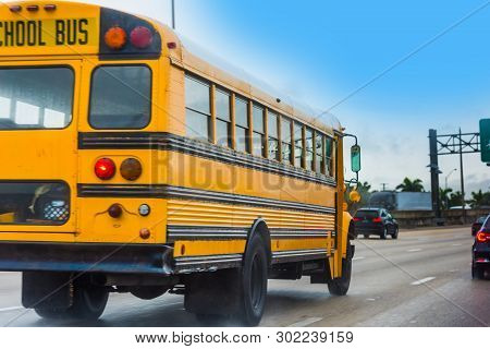 School Bus On The Highway In Miami. Florida, Usa