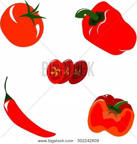 Set Vector Of Red Vegetables. Healthy Food. Menu Design.