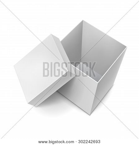 Opened Gift Cardboard Box With Cap Mockup. Cardboard Case 3d Layout. Top View Of Blank Paper Box Iso
