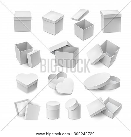 Various Opened And Closed Cardboard Boxes Mockup. Big Set Of White Containers In Square, Round And L