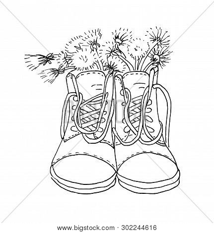 Military Boots With A High Back As A Flower Vase For Dandelions In Style Outline On White Background
