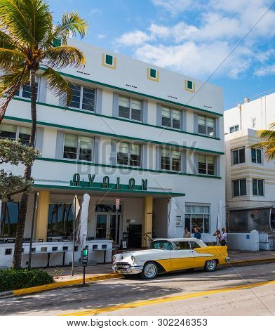Miami Beach, Usa - February 26, 2019: Yellow And White Oldsmobile Rocket 88 Parked By Avalon Hotel O