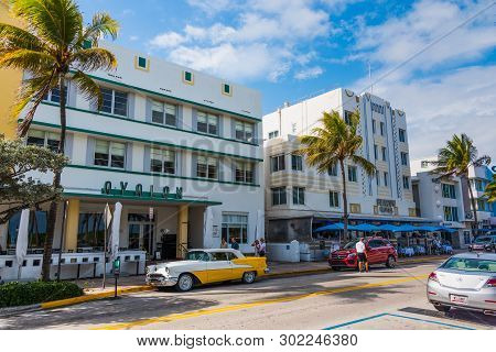 Miami Beach, Usa - February 26, 2019: Yellow And White Oldsmobile Rocket 88 Parked By Avalon Hotel O