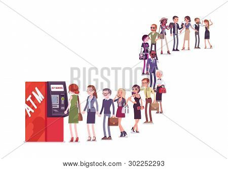Group Of People Queuing In A Line Near Atm. Members Of Different Nations, Sex, Age, Jobs Standing To