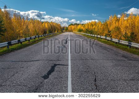 The Highway Through The Autumn Wood In Sunny Day, Mari El, Russia, 88k-002