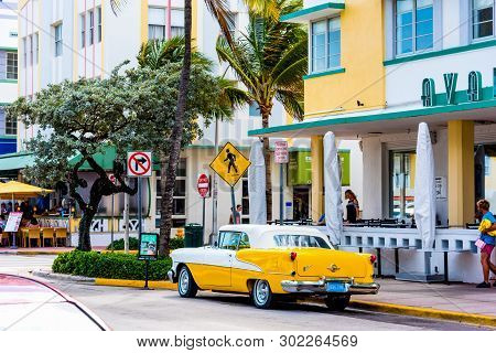 Miami Beach, Usa - February 26, 2019: Oldsmobile Rocket 88 Parked By Avalon Hotel On Ocean Drive