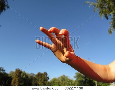 Female Hand Makes Frightening Or Grabbing Movement, Palm Forward. One Female Hand With Five Splayed 