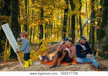 Little Son Painting Picture In Nature. Art And Self Expression. Talent Development. Painting Skills.