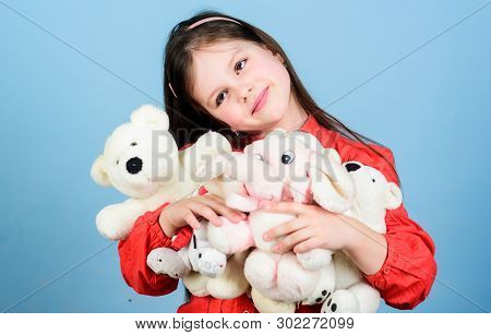 Little Girl Play With Soft Toy Teddy Bear. Sweet Childhood. Collecting Toys Hobby. Cherishing Memori