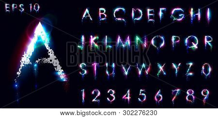 Crumbling And Luminous Font, English Letters And Numbers, Distorted Symbols, Neon Glow. Lens Flares.