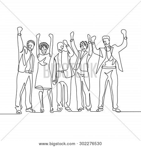 Continuous One Line Happy Team Office Workers Celebrate Success
