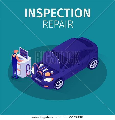 Professional Inspection Repair In Autoservice. Banner With Vector Isometric Car And Mechanic Perform