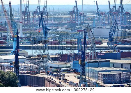 Hamburg, Germany - August 28, 2014: Aerial View Of Port Of Hamburg In Germany. The Seaport Is The 15
