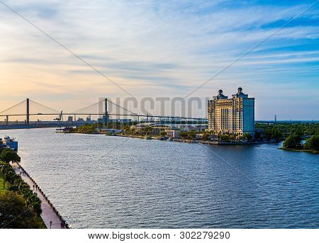 View Of The Sydney Lanier Bridge On The Savannah River With Local Architecture