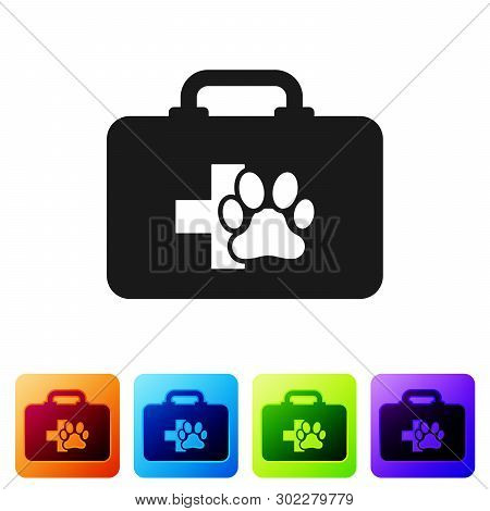 Black Pet First Aid Kit Icon Isolated On White Background. Dog Or Cat Paw Print. Clinic Box. Set Ico
